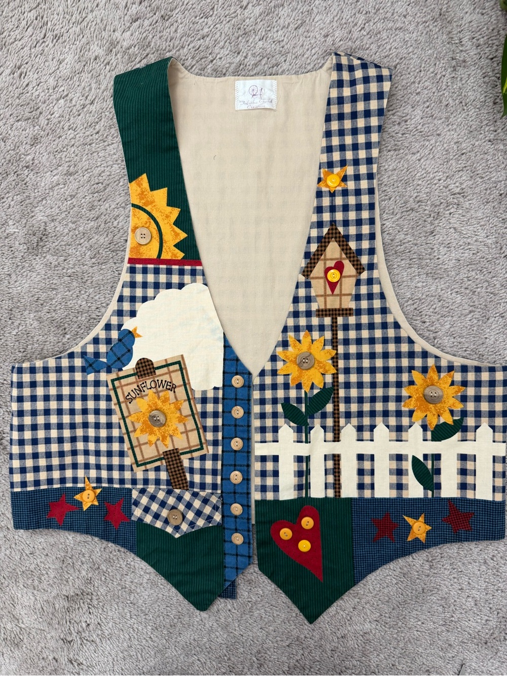 Handmade Vintage Cottage core Sunflower Patchwork Vest - Blue Gingham
